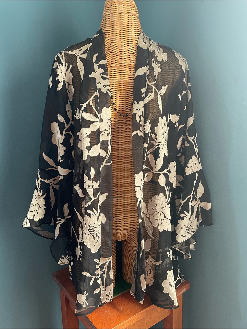 Scarlett Black Sheer Floral Kimono Open Front Robe Duster Cover-Up